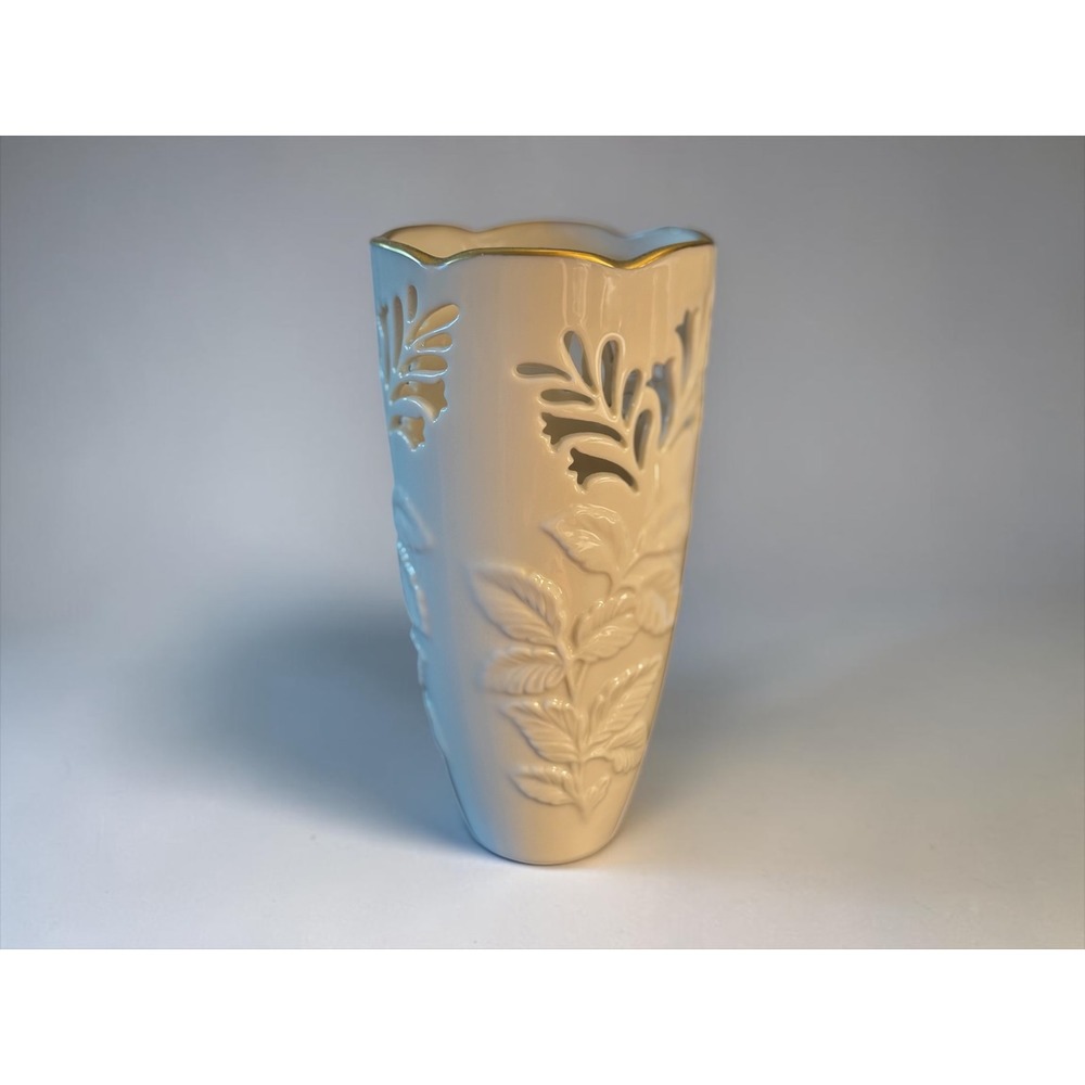 Vintage Lenox Reticulated Leaf Bud Vase 7" Ivory Porcelain Gold Trim Made USA